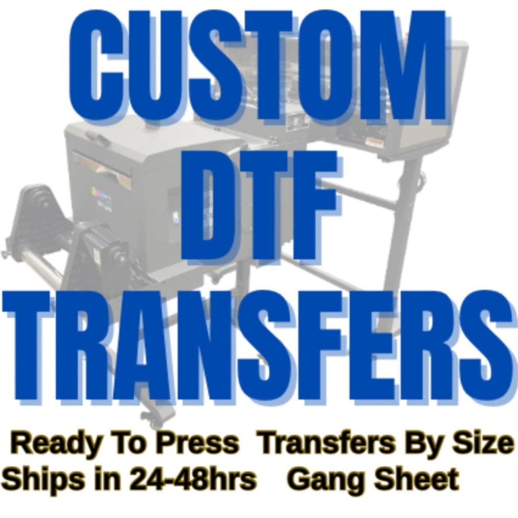 Advertisement for custom DTF transfers with text and a print machine in the background.