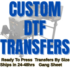 Advertisement for custom DTF transfers with text and a print machine in the background.